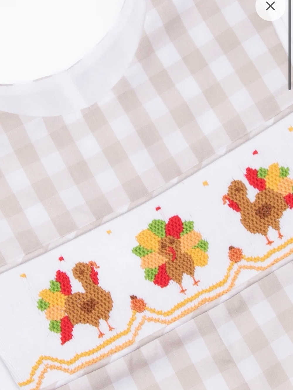 Stitchy Fish Beige Gingham Smocked One Peice with Embroidered Turkey Detail 12m - Picture 3 of 8
